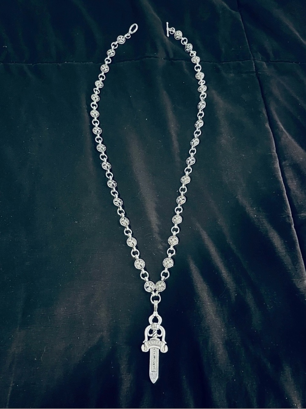 Chrome Hearts Silver Cross Ball Chain W/ Dagger Pendant & Toggle Clasp Closure - Picture 3 of 9